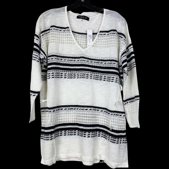 August Silk Black White Striped V Neck Fringe Semi Sheer Pullover Sweater Medium - Picture 4 of 15